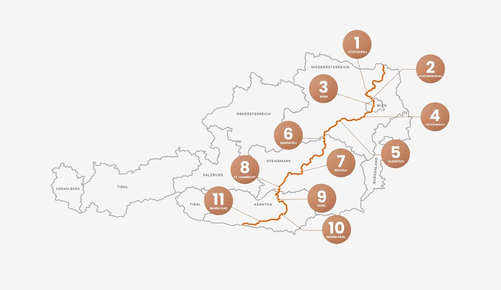 Route der 'Romea Strata' durch Österreich, mit Jubiläumskirchen am Weg / romeastrata.org Heiligjahr-Pilgern auf Österreichs Romweg gestartet