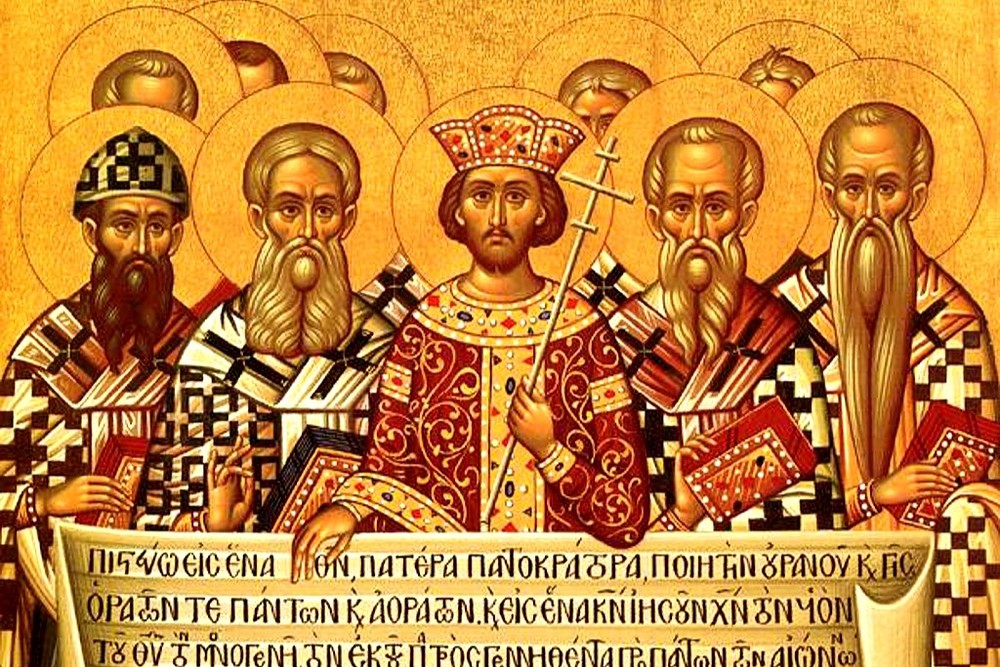 Konzil von Nicäa (325) / wikimedia / gemeinfrei Erstes Konzil von Nicäa (325): Kaiser Konstantin entrollt den Text des Nicäno-Konstantinopolitanum, wie es auf dem ersten Konzil von Konstantinopel (381) umformuliert wurde.